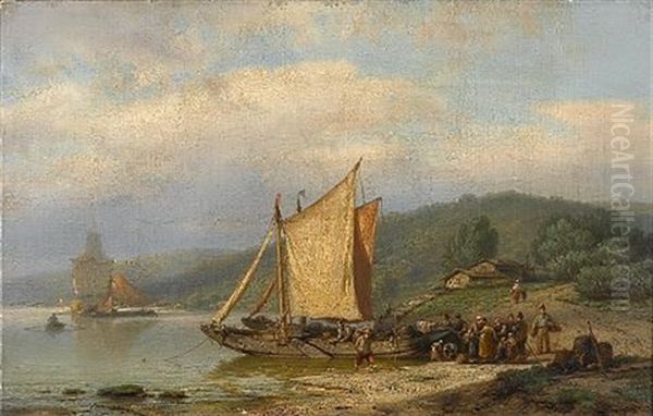 Unloading The Barge Oil Painting by Johannes Hermanus Barend Koekkoek