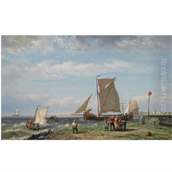 Shipping On The Zuiderzee Oil Painting by Johannes Hermanus Barend Koekkoek