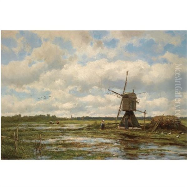 A Windmill In A Polder Landscape Oil Painting by Johannes Hermanus Barend Koekkoek