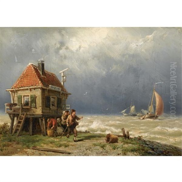 Figures Near A Pilot's House Oil Painting by Johannes Hermanus Barend Koekkoek