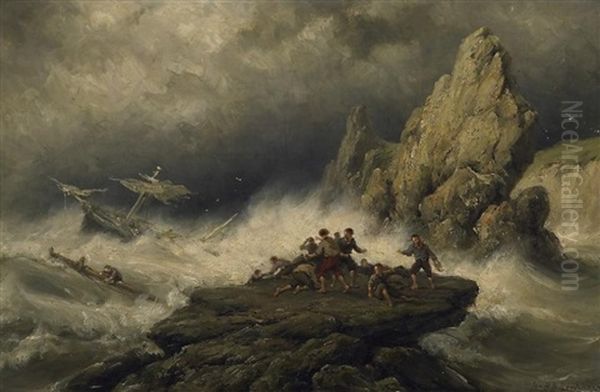 Schiffbruch Vor Der Englischen Kuste. Auf Den Felsen Sich  Rettende Schiffsleute Oil Painting by Johannes Hermanus Barend Koekkoek