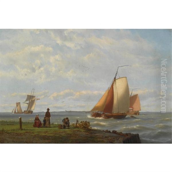 Shipping Off The Coast Oil Painting by Johannes Hermanus Barend Koekkoek