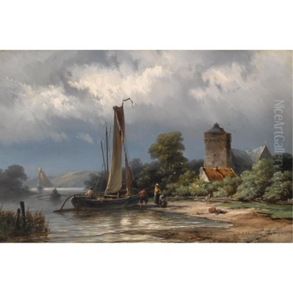 Mooring The Boat Oil Painting by Johannes Hermanus Barend Koekkoek