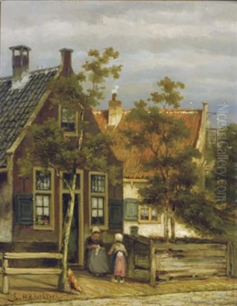 Knitting In Front Of The Cottage Oil Painting by Johannes Hermanus Barend Koekkoek