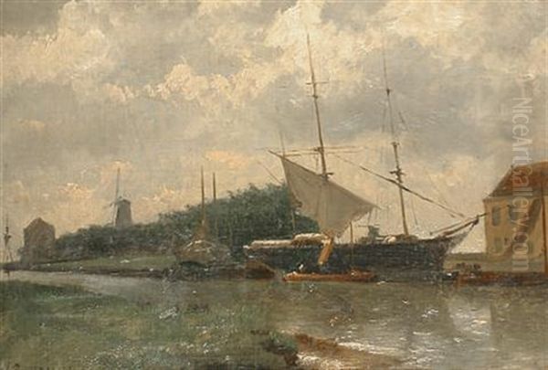 Boats On A Canal With A Windmill In The Distance Oil Painting by Johannes Hermanus Barend Koekkoek