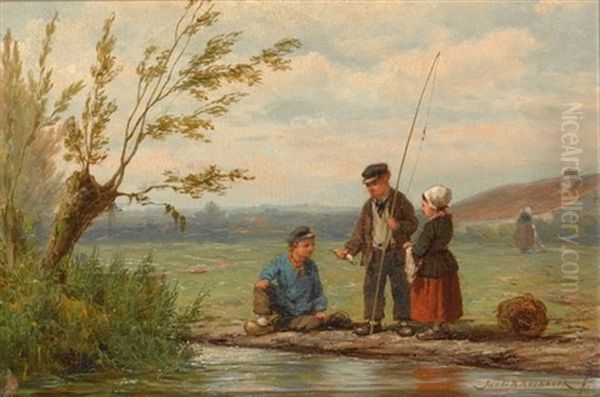 The Little Anglers Oil Painting by Johannes Hermanus Barend Koekkoek