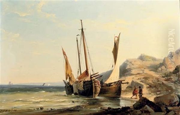 Boats Moored By A Rocky Beach Oil Painting by Johannes Hermanus Barend Koekkoek