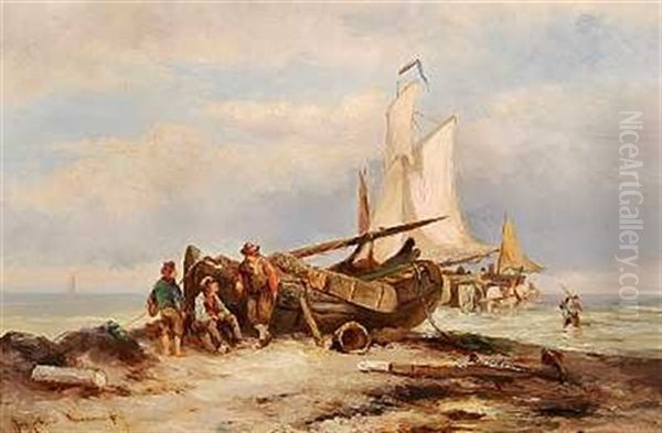 Strandparti Med Fiskere Der Hviler Sig Ved Baden Oil Painting by Johannes Hermanus Barend Koekkoek