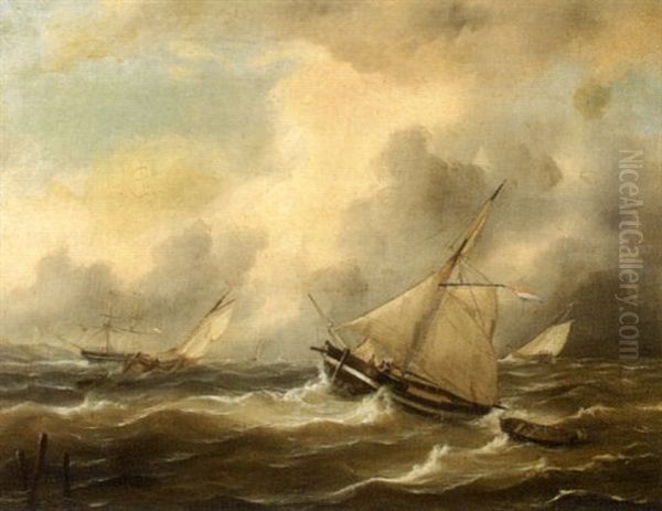 Dutch Fishing Ships On The North Sea Oil Painting by Johannes Hermanus Barend Koekkoek