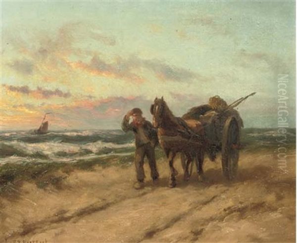 A Shellfisher On His Way Home Oil Painting by Johannes Hermanus Barend Koekkoek