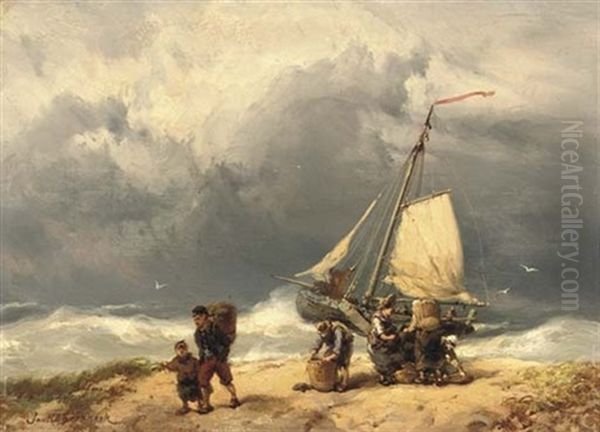 Fisherfolk On A Windswept Beach Oil Painting by Johannes Hermanus Barend Koekkoek