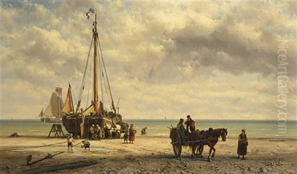 Bringing In The Catch Oil Painting by Johannes Hermanus Barend Koekkoek