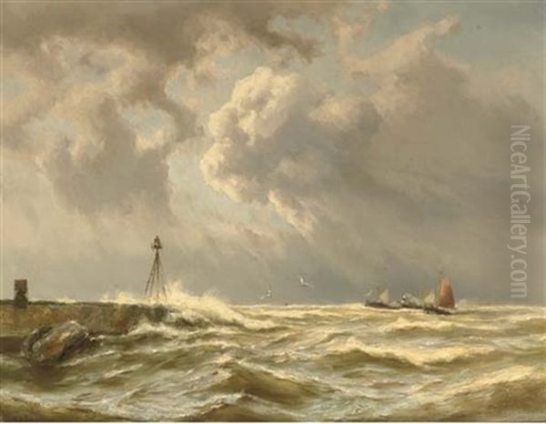 Sailing Ships And A Paddle Steamer By A Coast Oil Painting by Johannes Hermanus Barend Koekkoek