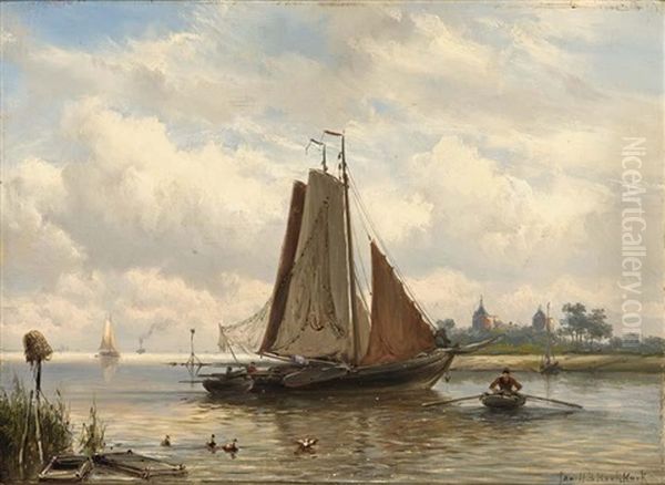 Fishing Boats At Anchor, The Muiderslot In The Distance Oil Painting by Johannes Hermanus Barend Koekkoek