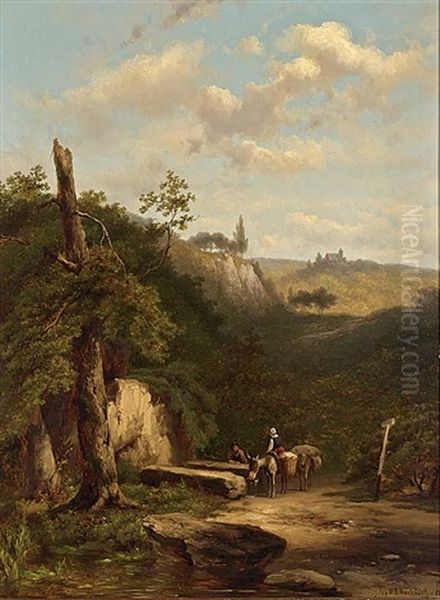 Resting Travellers In A Wooded Landscape Oil Painting by Johannes Hermanus Barend Koekkoek