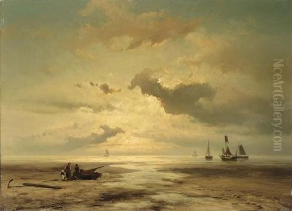 A Coastal Scene With Figures On The Beach Oil Painting by Johannes Hermanus Barend Koekkoek