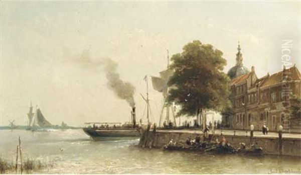 Aan De Kade: A Steamship Passing The Groot Hoofd, Dordrecht Oil Painting by Johannes Hermanus Barend Koekkoek