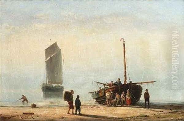 Unloading The Catch Oil Painting by Johannes Hermanus Barend Koekkoek