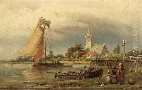 Unloading The Catch Oil Painting by Johannes Hermanus Barend Koekkoek