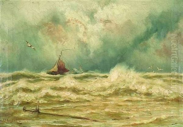 Segelschiff In Aufgewuhlter See Unter Bewolktem Himmel Oil Painting by Johannes Hermanus Barend Koekkoek