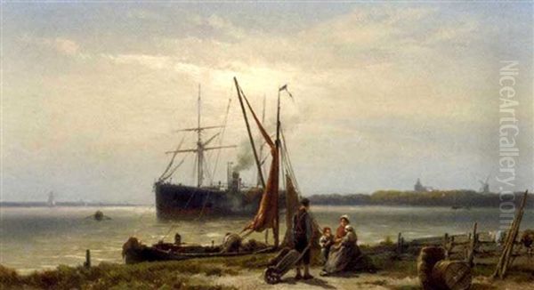 A Steamship Anchored In A River Oil Painting by Johannes Hermanus Barend Koekkoek