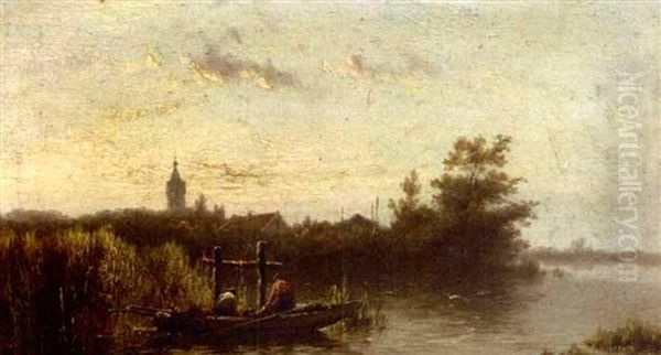 Fishermen In A Polder Landscape Oil Painting by Johannes Hermanus Barend Koekkoek