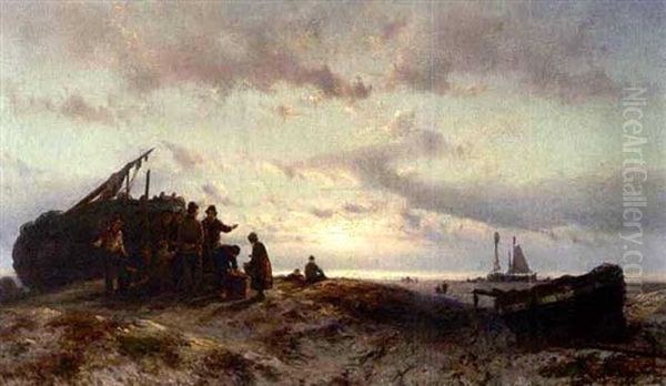 A Beach Scene Oil Painting by Johannes Hermanus Barend Koekkoek