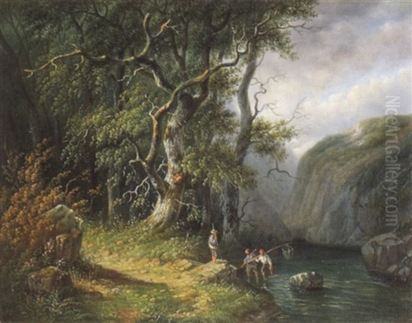 Bewaldete Bachlandschaft Mit Drei Fischern Oil Painting by Johannes Hermanus Barend Koekkoek