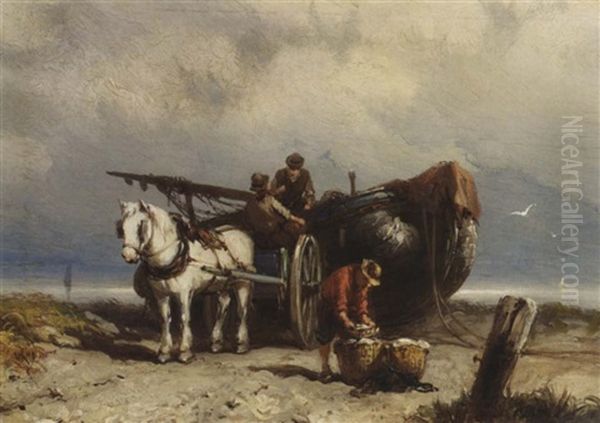 Unloading The Catch Oil Painting by Johannes Hermanus Barend Koekkoek