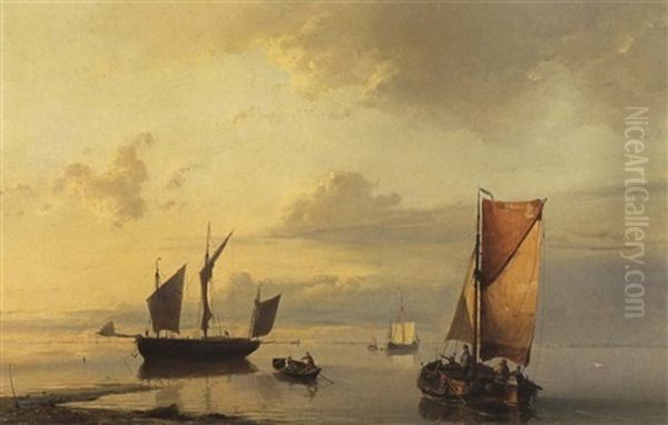 Shipping In A Calm Oil Painting by Johannes Hermanus Barend Koekkoek