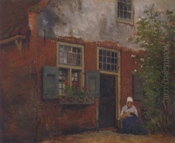 Sewing On The Doorstep Oil Painting by Johannes Hermanus Barend Koekkoek