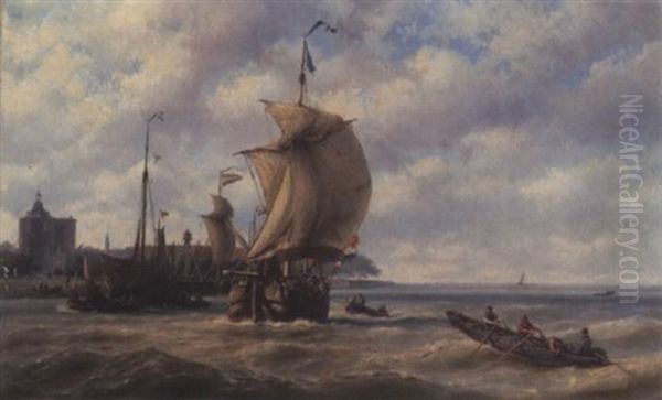 Fischer- Und Ruderboote In Der Hafeneinfahrt Mit Belebtem Kai Oil Painting by Johannes Hermanus Barend Koekkoek