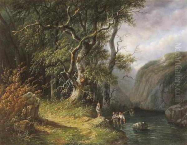 Bewaldete Bachlandschaft Mit Drei Fischern Oil Painting by Johannes Hermanus Barend Koekkoek