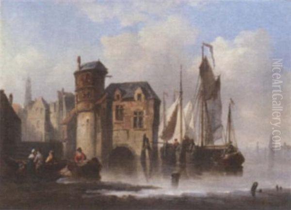 Barges Moored Off A Merchant's House In The Low Countries Oil Painting by Johannes Hermanus Barend Koekkoek