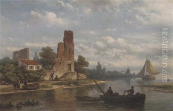 Fishermen Near A Ruin On A Riverbank Oil Painting by Johannes Hermanus Barend Koekkoek