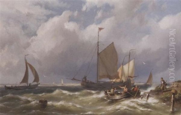 Shipping On Choppy Waters By A Coast Oil Painting by Johannes Hermanus Barend Koekkoek