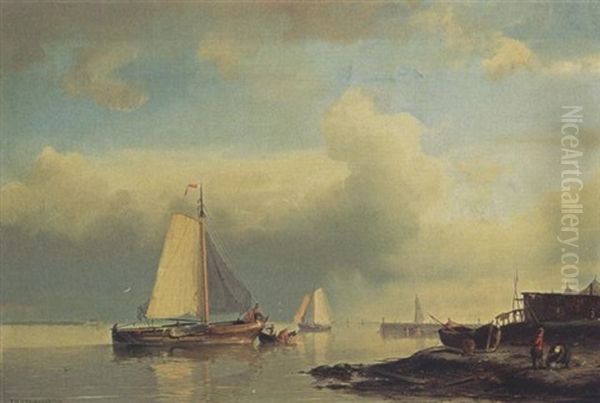 Shipping In A Calm Oil Painting by Johannes Hermanus Barend Koekkoek