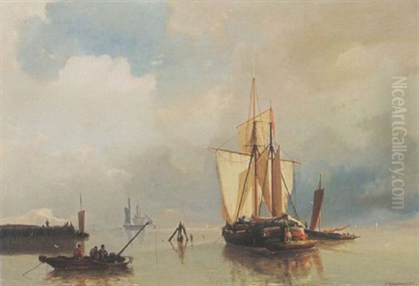 Shipping In A Calm Oil Painting by Johannes Hermanus Barend Koekkoek