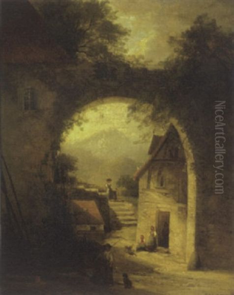 Peasants By A Viaduct, Town Beyond Oil Painting by Johannes Hermanus Barend Koekkoek