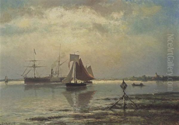 Shipping In An Estuary Oil Painting by Johannes Hermanus Barend Koekkoek