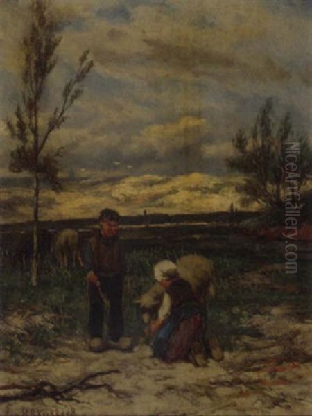 Kinderen In 't Duin Met Schaapjes: Hilversum Oil Painting by Johannes Hermanus Barend Koekkoek