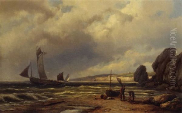 Fishermen At Work On The English Coast Oil Painting by Johannes Hermanus Barend Koekkoek