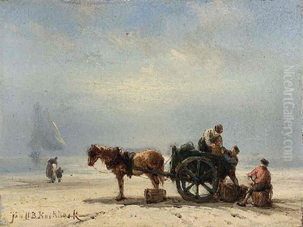 Unloading The Catch Oil Painting by Johannes Hermanus Barend Koekkoek