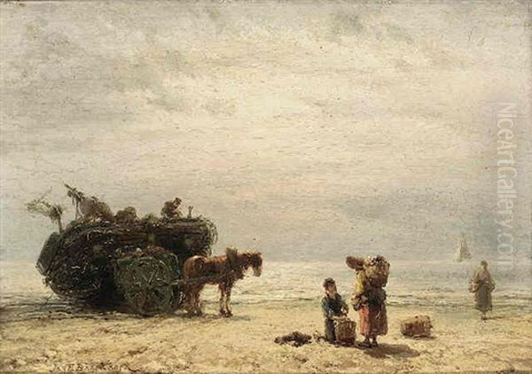 Fisherfolk On The Beach Oil Painting by Johannes Hermanus Barend Koekkoek