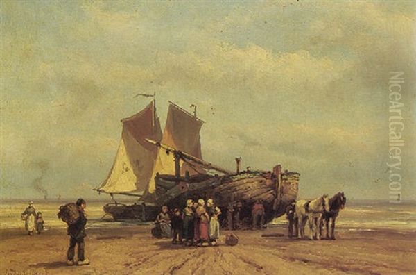 Fisherfolk By A Beached Bomschuit Oil Painting by Johannes Hermanus Barend Koekkoek