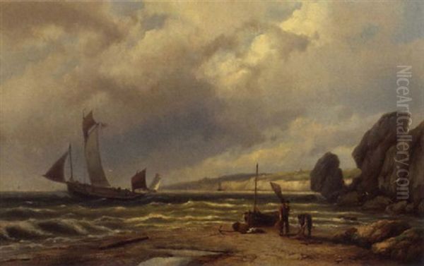 Fishermen At Work On The English Coast Oil Painting by Johannes Hermanus Barend Koekkoek