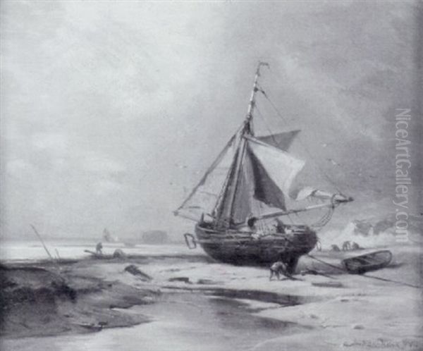 Fischkutter Am Strand Oil Painting by Johannes Hermanus Barend Koekkoek