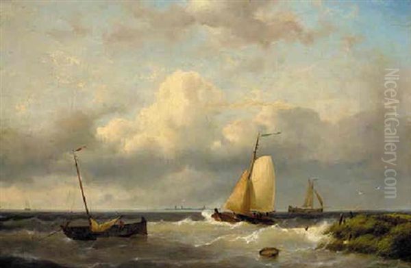 Fishing Boats Off The Dutch Coast Oil Painting by Johannes Hermanus Barend Koekkoek