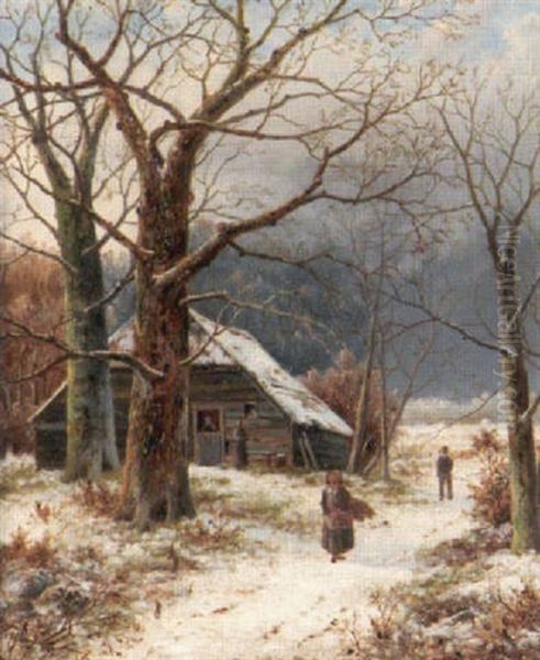 Reisigsammlerin Vor Kate Im Winterwald Oil Painting by Johannes Hermanus Barend Koekkoek