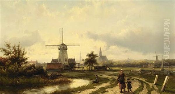 A Summer Landscape With Peasants On A Path, A Town In The Distance Oil Painting by Johannes Hermanus Barend Koekkoek